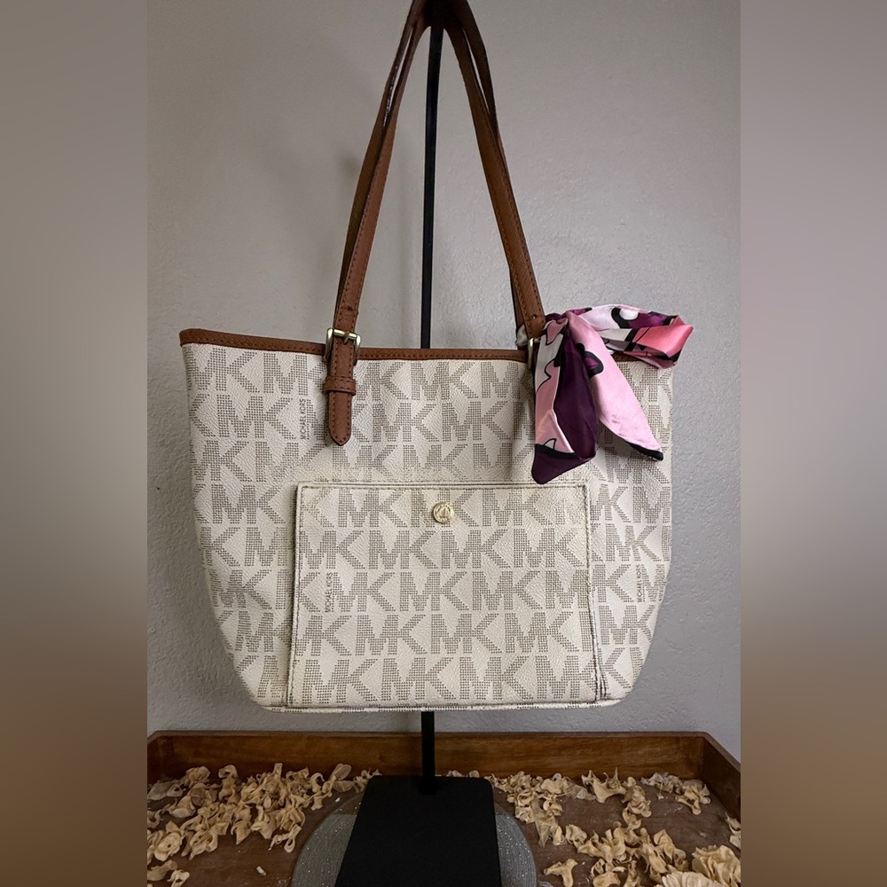 Michael Kors Cream MK Logo Tote with Brown Straps and Pink Scarf Accent